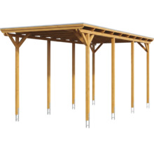 Carport double indépendant en bois avec toit plat et ancrages de poteau en métal.