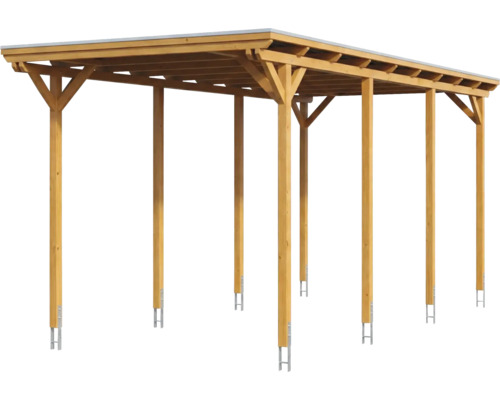 Carport double indépendant en bois avec toit plat et ancrages de poteau en métal.