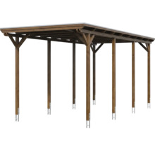 Carport en bois avec toit plat et six poteaux de soutien, y compris les ancres de poteau en métal.