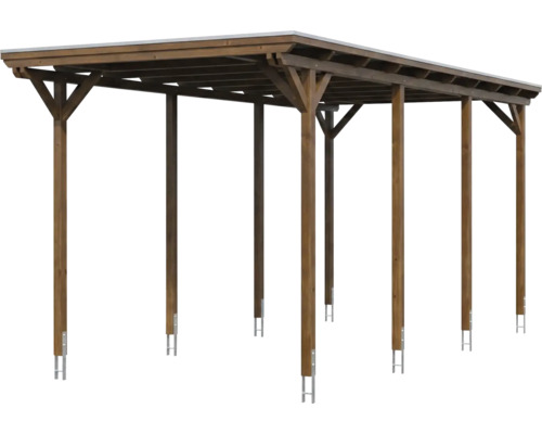 Carport en bois avec toit plat et six poteaux de soutien, y compris les ancres de poteau en métal.