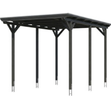 Carport en bois avec toit plat et six poteaux avec ancrages au sol en anthracite.