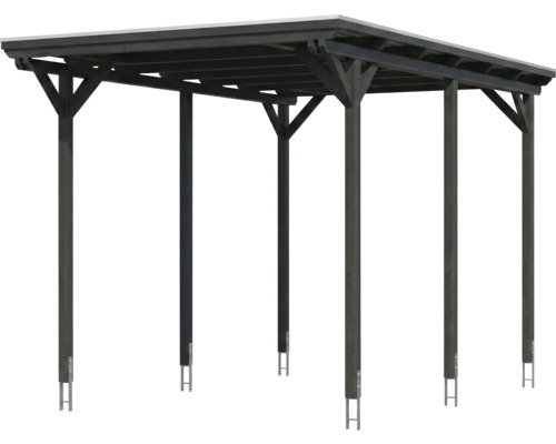 Carport en bois avec toit plat et six poteaux avec ancrages au sol en anthracite.