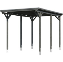 Carport en bois gris avec toit plat et poteaux avec ancres métalliques.
