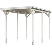 Carport en bois blanc avec toit plat et six poteaux.