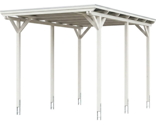 Carport en bois blanc avec toit plat et six poteaux.