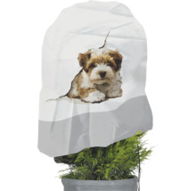 Housse d'hivernage pour plantes en non-tissé avec motif chiot sur une plante en pot.