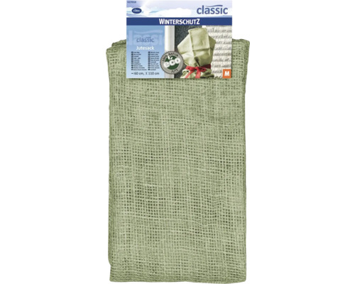 Sac en jute vert Videx pour protection hivernale, 60 par 110 centimètres, 100 pour cent jute naturel, tissage lâche, Videx Logo, label produit naturel.