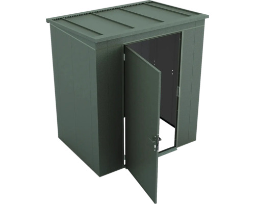 Armoire de jardin en métal vert foncé avec une porte ouverte et toit plat.