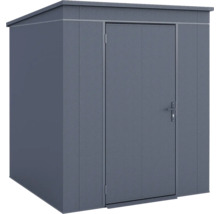 Abri de jardin moderne en métal anthracite avec toit en pente et une porte.