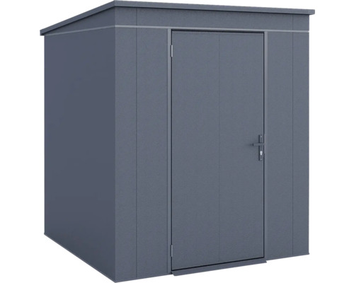 Abri de jardin moderne en métal anthracite avec toit en pente et une porte.