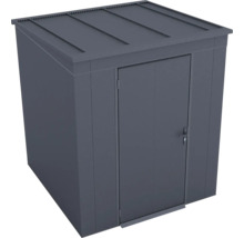 Petit abri de jardin en métal avec toit plat et porte verrouillable en anthracite.