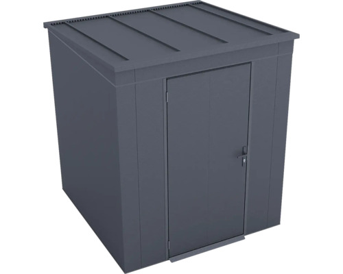 Petit abri de jardin en métal avec toit plat et porte verrouillable en anthracite.