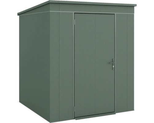 Abri de jardin en métal avec toit en pente et porte simple.