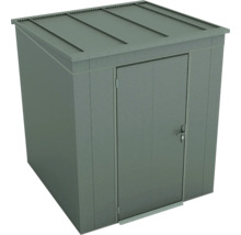 Abri de jardin en métal gris avec toit plat et une porte.