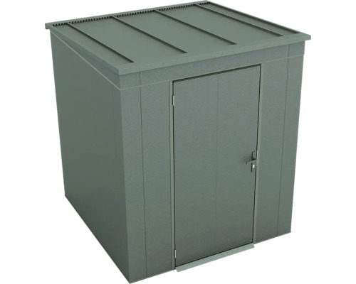 Abri de jardin en métal gris avec toit plat et une porte.