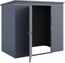Abri de jardin en métal gris foncé avec une porte simple ouverte et un toit en pente.