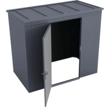 Armoire de jardin en métal anthracite avec une porte ouverte.