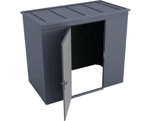 Armoire de jardin en métal anthracite avec une porte ouverte.
