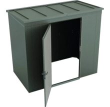 Armoire de jardin en métal vert foncé avec toit plat et une porte ouverte.