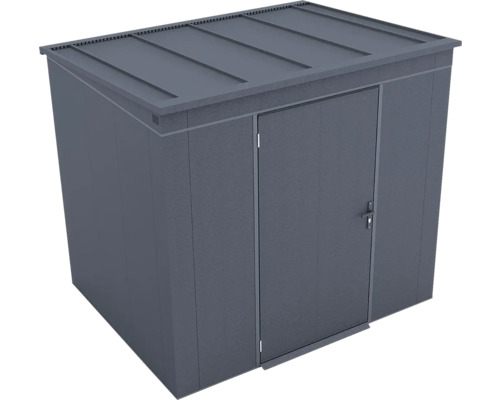 Abri de jardin moderne en métal de couleur anthracite avec un toit plat et une porte simple verrouillable.