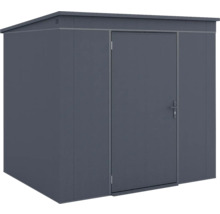 Abri de jardin en métal avec toit en pente et une porte simple.