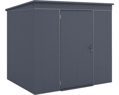 Abri de jardin en métal avec toit en pente et une porte simple.