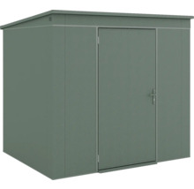 Abri de jardin en métal avec toit en pente et une porte simple.