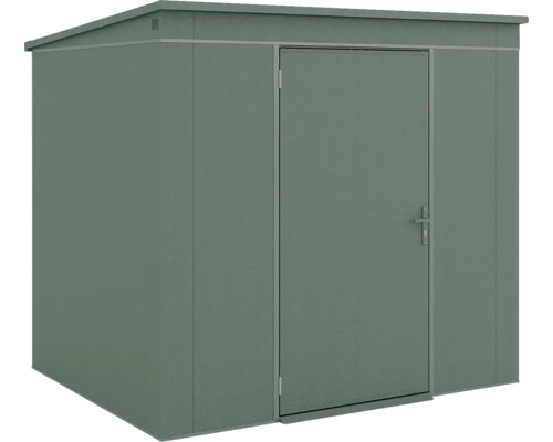 Abri de jardin en métal avec toit en pente et une porte simple.