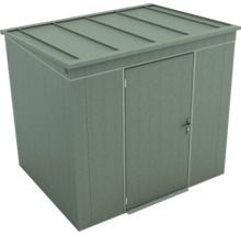 Abri de jardin en métal avec toit en pente et une porte en vert foncé.