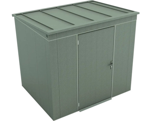 Abri de jardin en métal avec toit en pente et une porte en vert foncé.