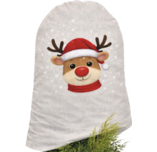 Weihnachtssack aus Stoff mit Rentier-Motiv, roter Weihnachtsmütze und weißem Schneeflocken-Muster.
