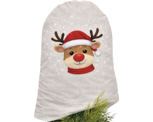 Weihnachtssack aus Stoff mit Rentier-Motiv, roter Weihnachtsmütze und weißem Schneeflocken-Muster.