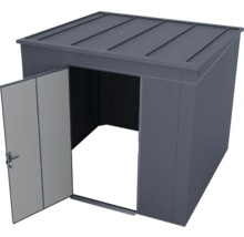 Abri de jardin en métal gris foncé avec toit en appentis et une porte ouverte.