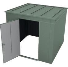 Abri de jardin en métal vert avec toit en appentis et une porte ouverte.