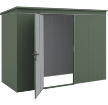 Abri de jardin en métal vert foncé avec toit en pente et une porte simple ouverte.