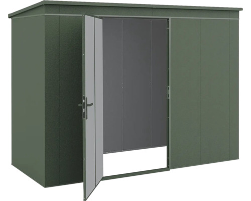 Abri de jardin en métal vert foncé avec toit en pente et une porte simple ouverte.