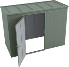 Abri de jardin en métal vert avec toit en pente et une porte ouverte.