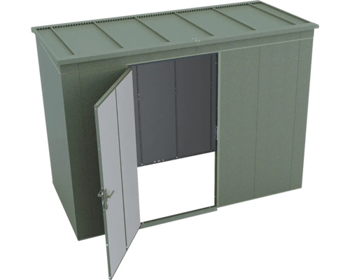 Abri de jardin en métal vert avec toit en pente et une porte ouverte.