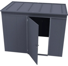 Abri de jardin en métal anthracite avec toit en pente et une porte ouverte.