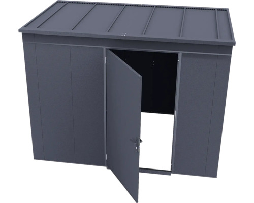 Abri de jardin en métal anthracite avec toit en pente et une porte ouverte.