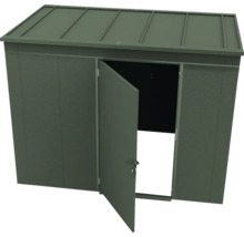 Abri de jardin en métal vert foncé avec une porte ouverte et un toit plat.