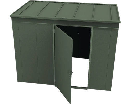 Abri de jardin en métal vert foncé avec une porte ouverte et un toit plat.