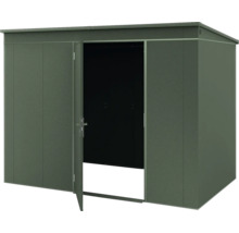 Abri de jardin en métal vert foncé avec toit en appentis et l'une des deux portes ouverte.