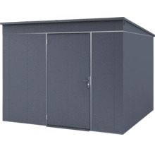 Abri de jardin moderne en métal anthracite avec toit en pente et une porte.