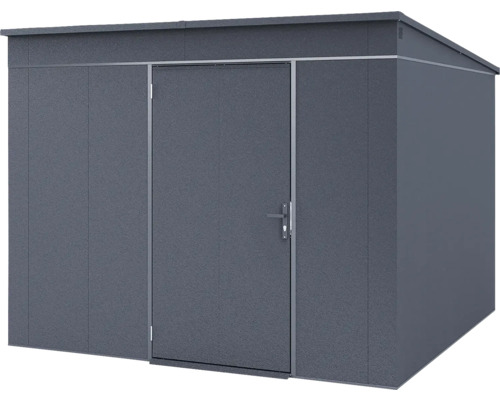 Abri de jardin moderne en métal anthracite avec toit en pente et une porte.