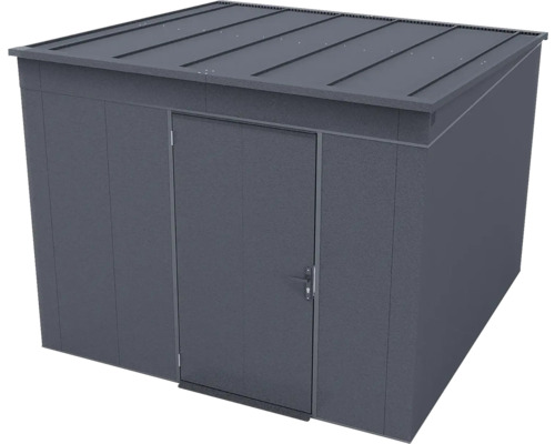 Abri de jardin moderne en métal avec toit plat et une porte en anthracite