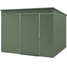 Abri de jardin en métal vert avec toit en pente et une porte.