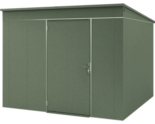 Abri de jardin en métal vert avec toit en pente et une porte.