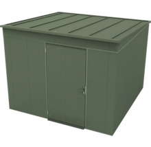 Abri de jardin en métal avec toit plat et porte simple en vert mousse.