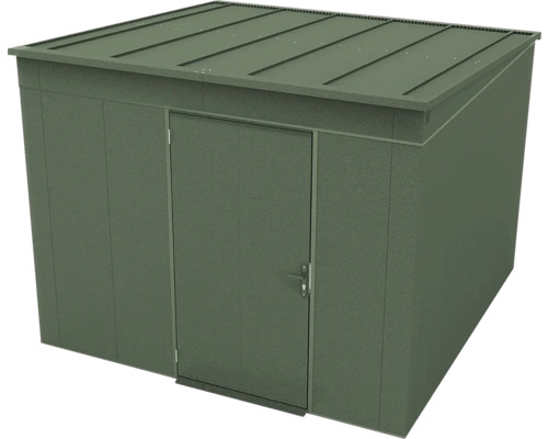 Abri de jardin en métal avec toit plat et porte simple en vert mousse.